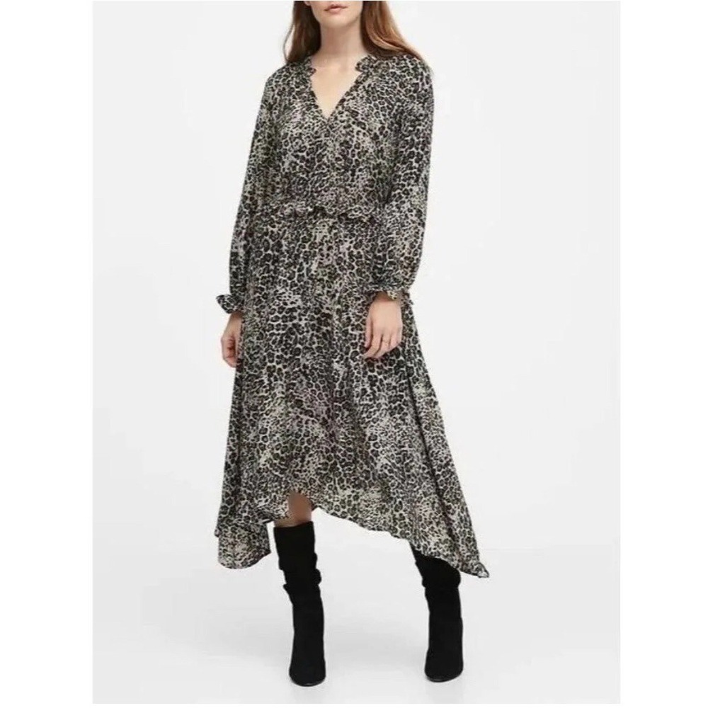 Banana Republic Womens Asymmetrical Leopard Print Midi Dress 4P Edgy Chic Indie